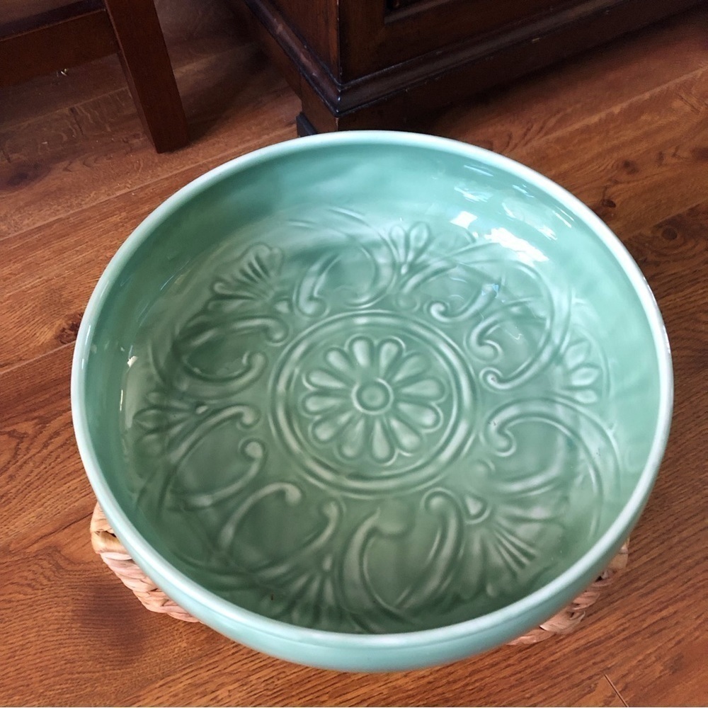 Teal enamel metal round decor tray farmhouse, costal